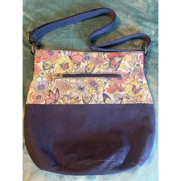 Sakroots Crossbody Bag Purse Floral Butterfly Print Navy Blue Canvas 13x12 - Picture 3 of 6